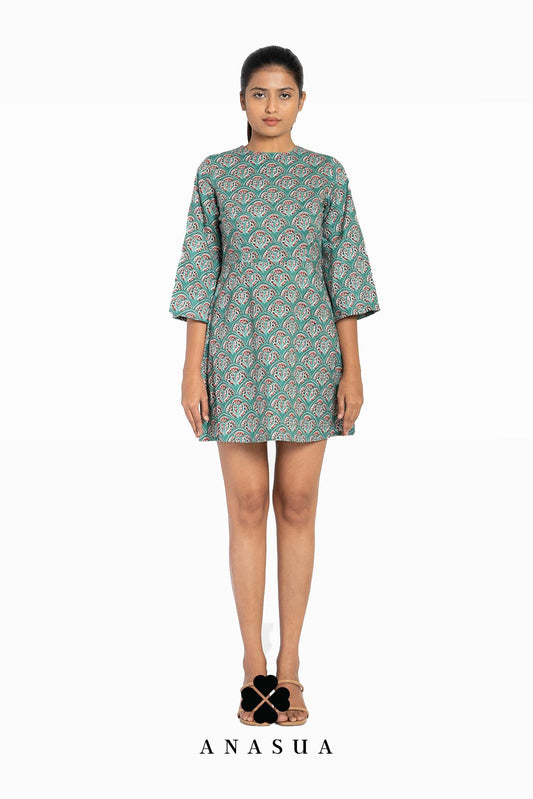 Green Floral Motif Printed Bell Sleeve Short Dress | Anasua