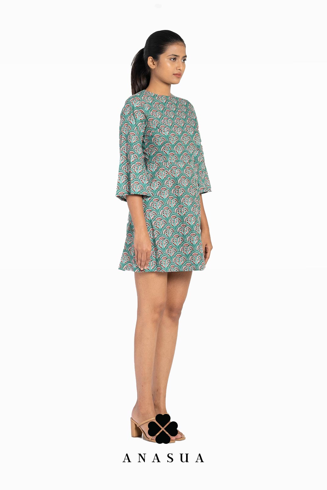 Green Floral Motif Printed Bell Sleeve Short Dress | Anasua