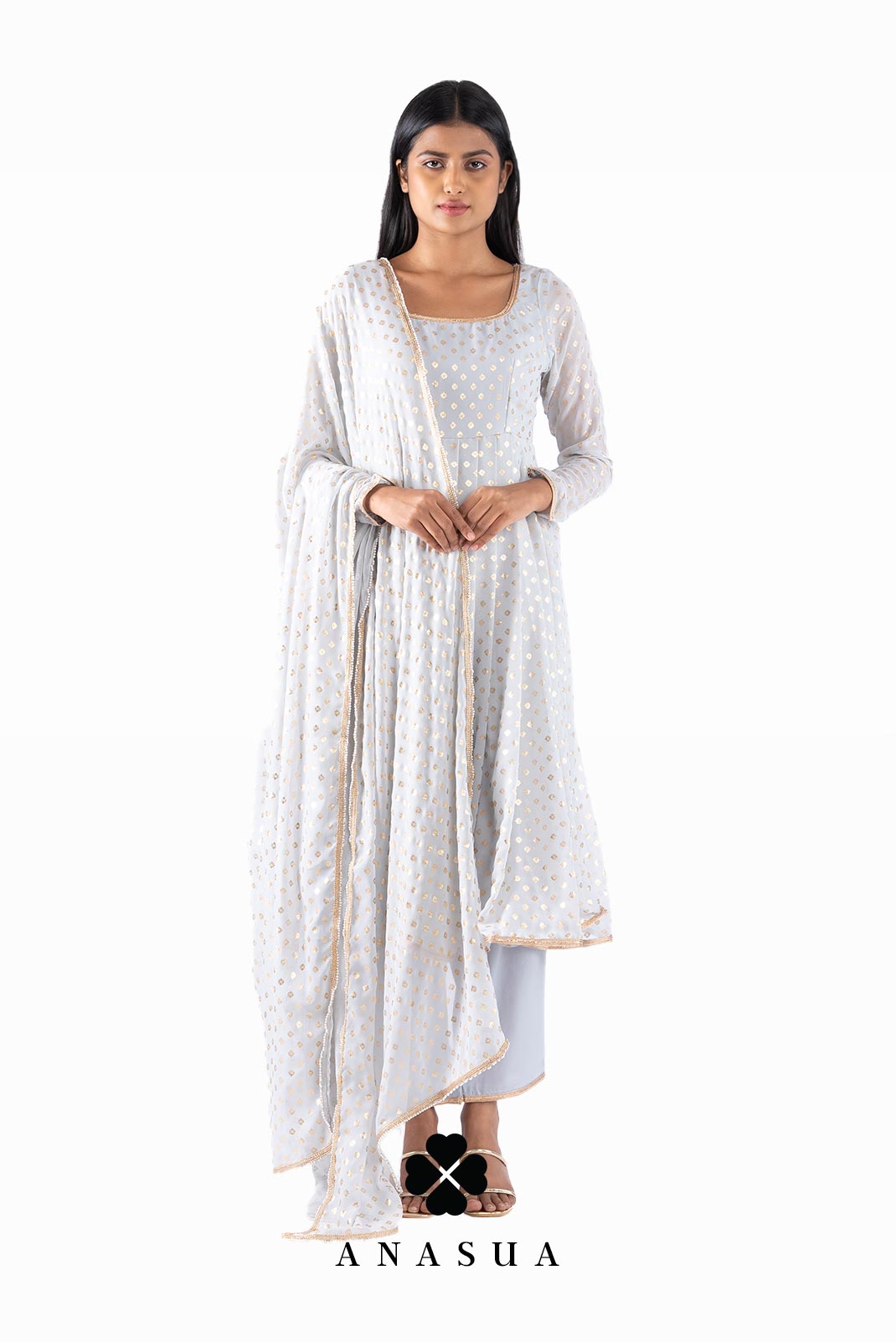 Grey Foil Anarkali Suit Set | Anasua