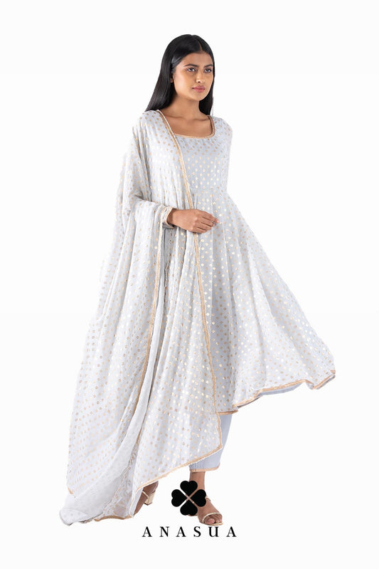 Grey Foil Anarkali Suit Set | Anasua