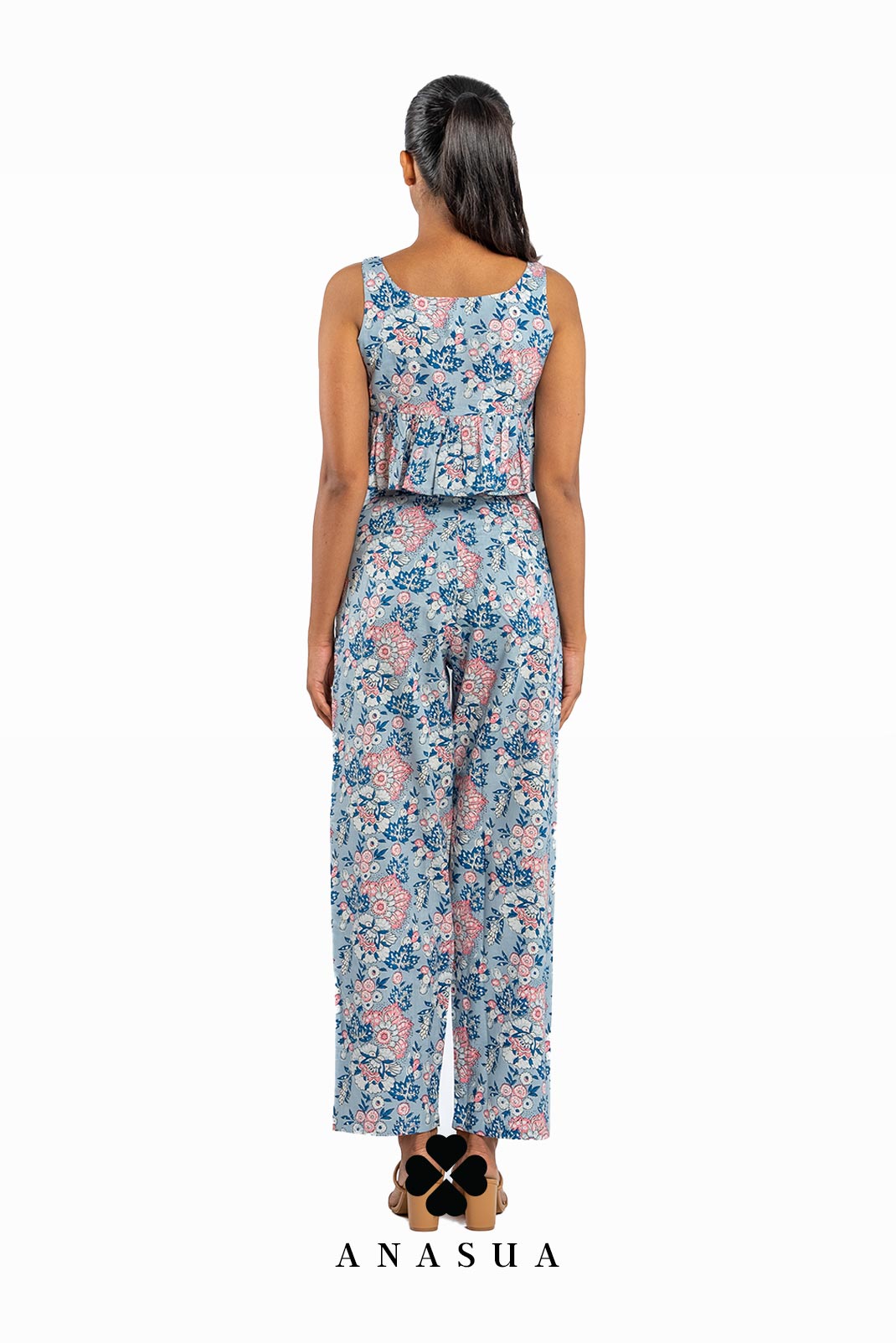 Light Blue Floral Peplum Top & Crop Pant Co-Ord Set | Anasua