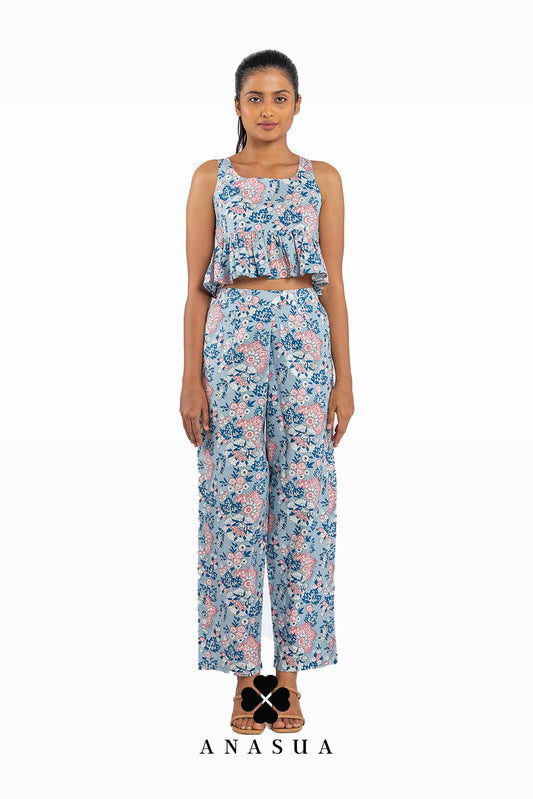 Light Blue Floral Peplum Top & Crop Pant Co-Ord Set | Anasua