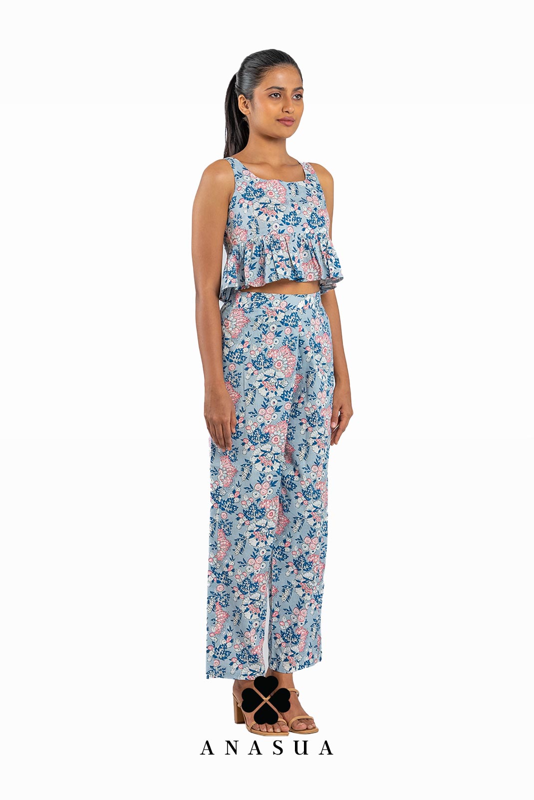 Light Blue Floral Peplum Top & Crop Pant Co-Ord Set | Anasua