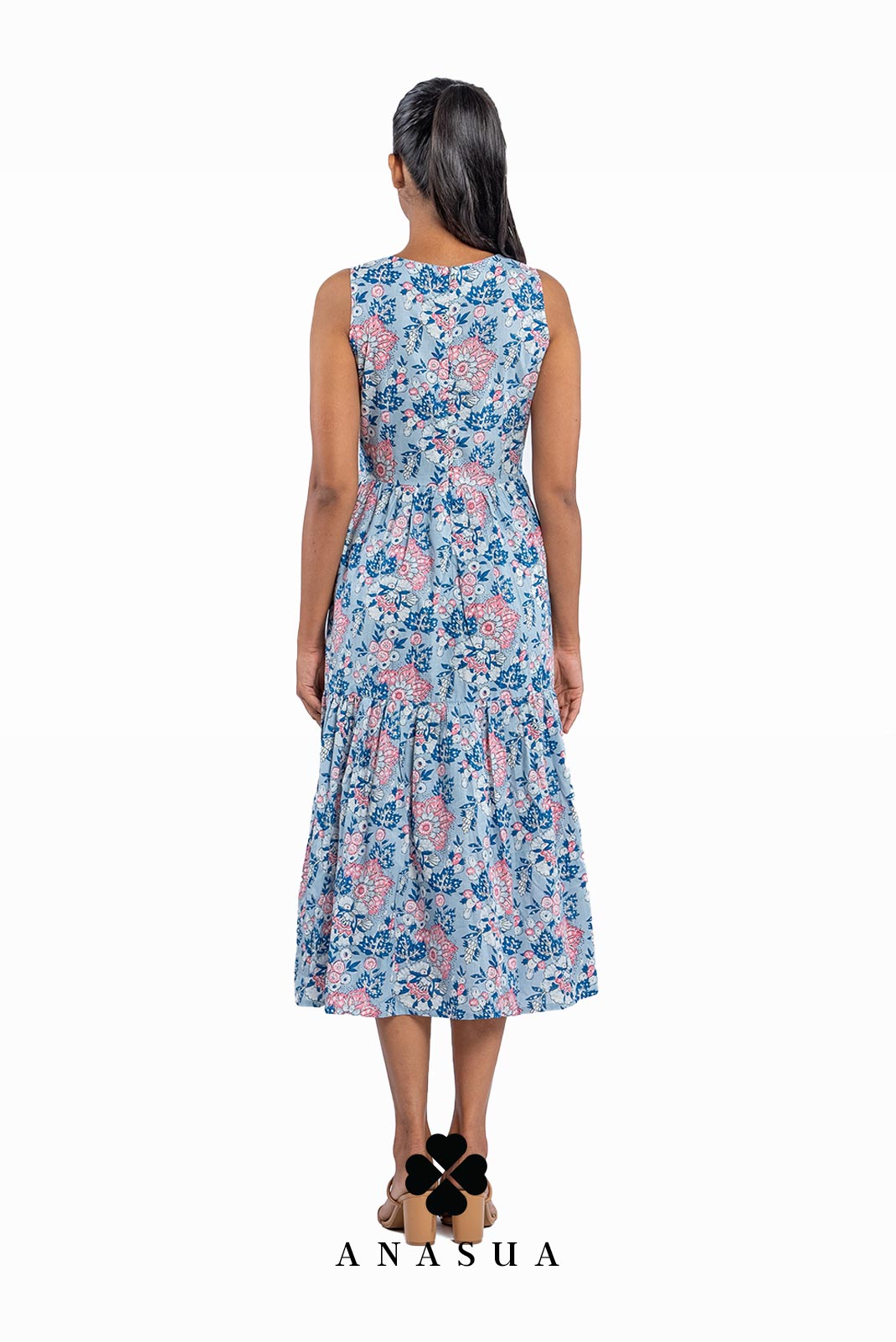 Light Blue Tiered Midi Sundress with Floral Print | Anasua