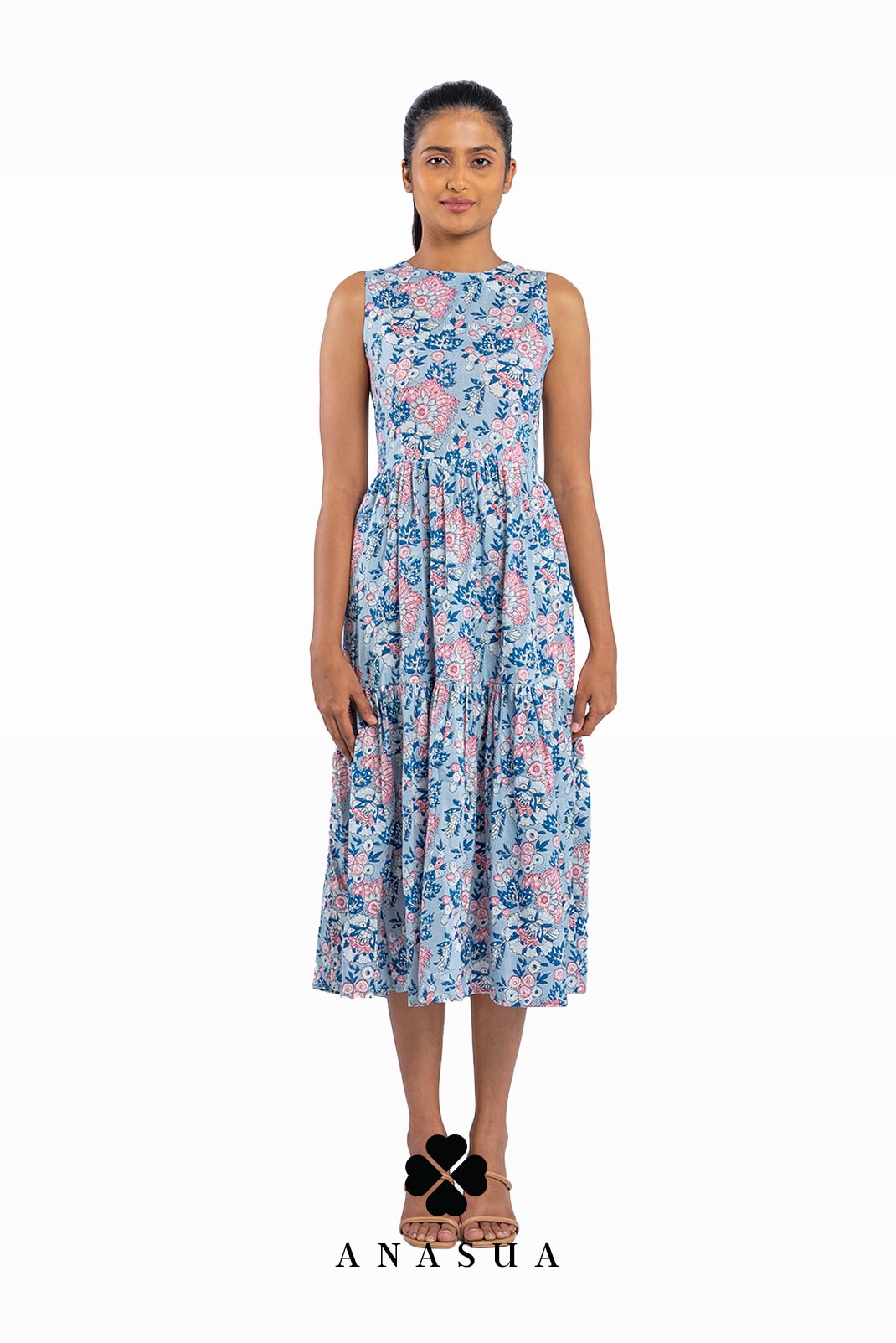 Light Blue Tiered Midi Sundress with Floral Print | Anasua