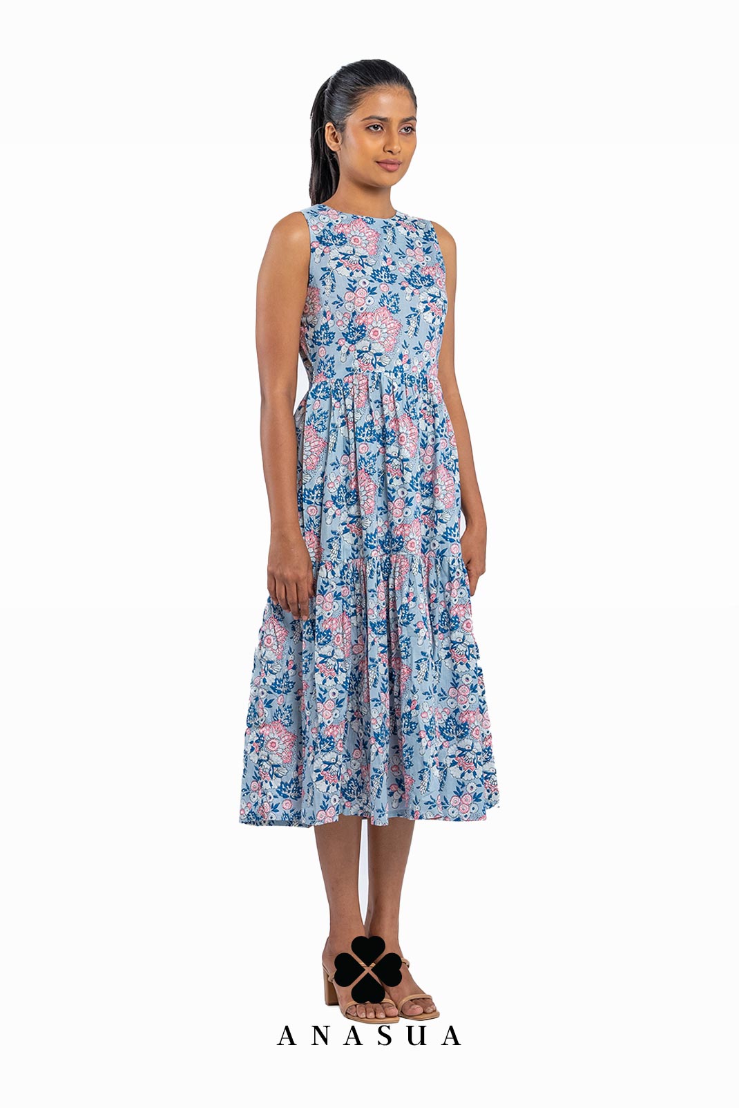 Light Blue Tiered Midi Sundress with Floral Print | Anasua