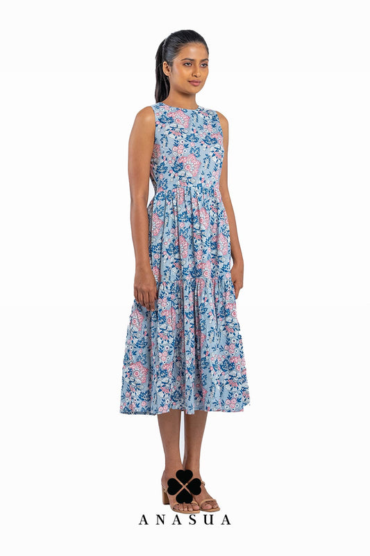 Light Blue Tiered Midi Sundress with Floral Print | Anasua