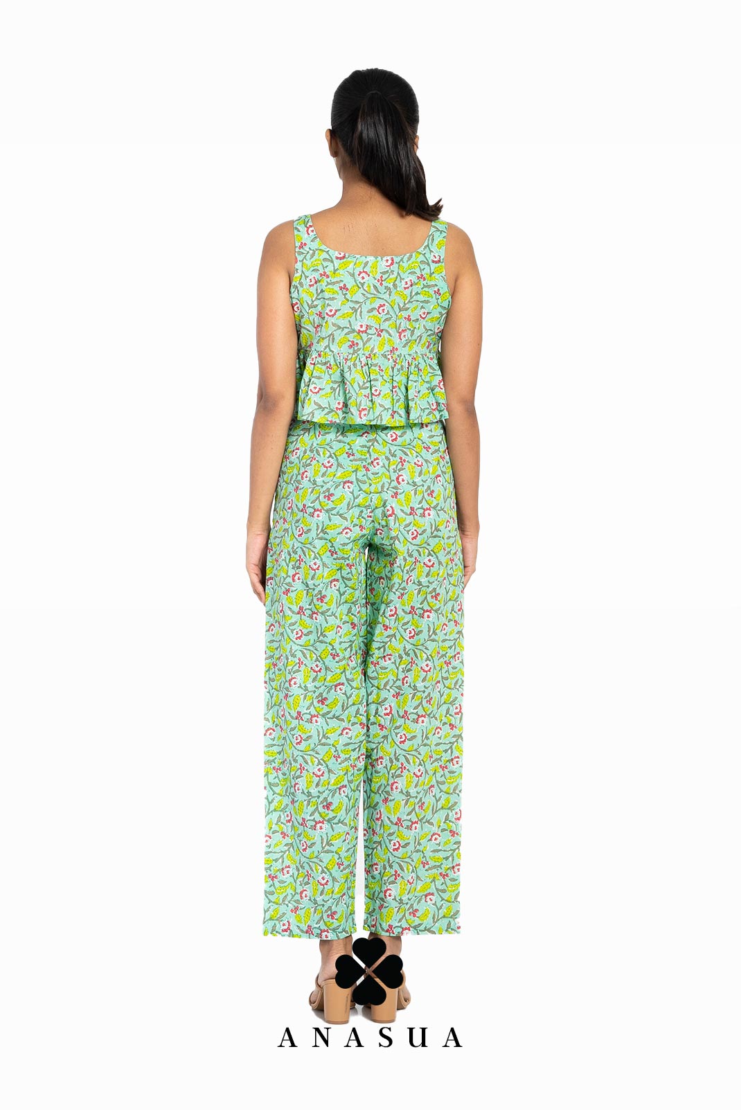 Light Green Floral Motif Peplum Top & Pant Co-Ord Set | Anasua