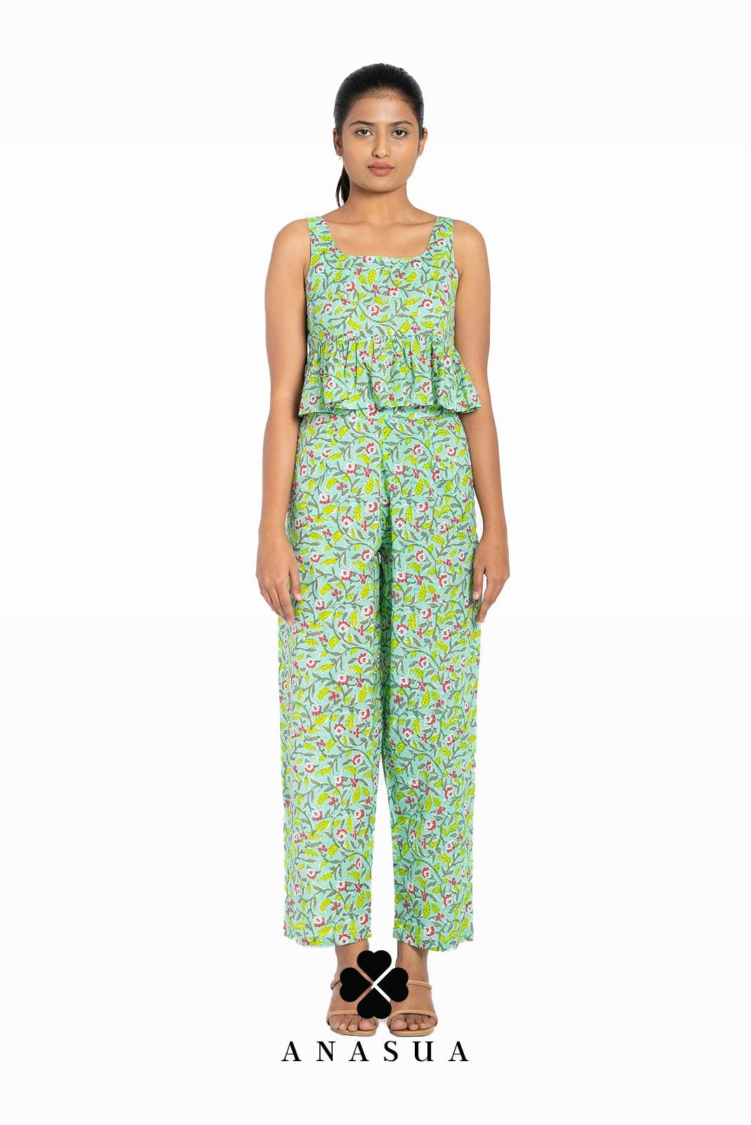 Light Green Floral Motif Peplum Top & Pant Co-Ord Set | Anasua