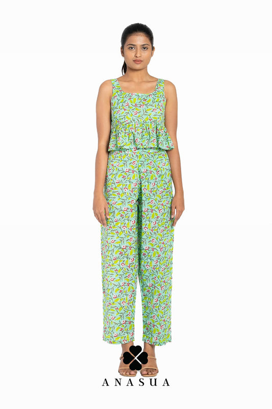 Light Green Floral Motif Peplum Top & Pant Co-Ord Set | Anasua