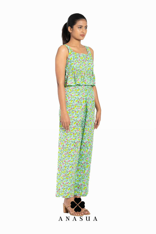 Light Green Floral Motif Peplum Top & Pant Co-Ord Set | Anasua