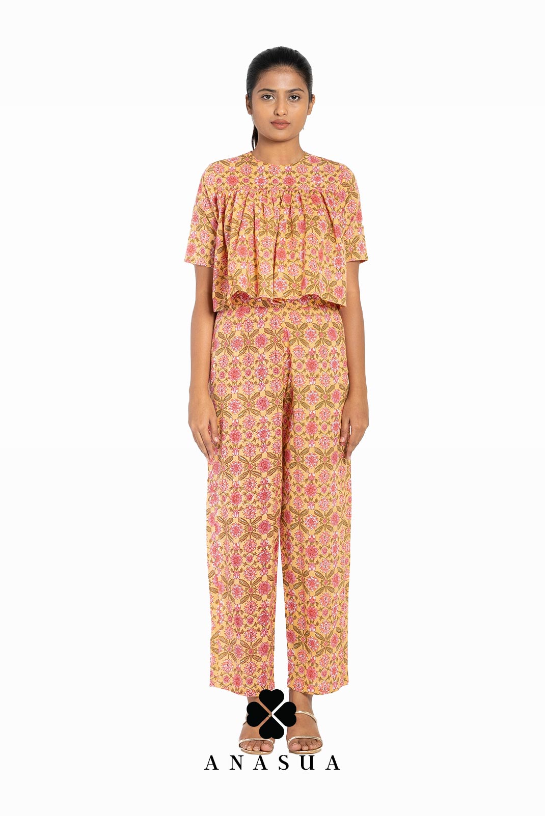 Light Orange Floral Flare Top & Pant Co-Ord Set | Anasua