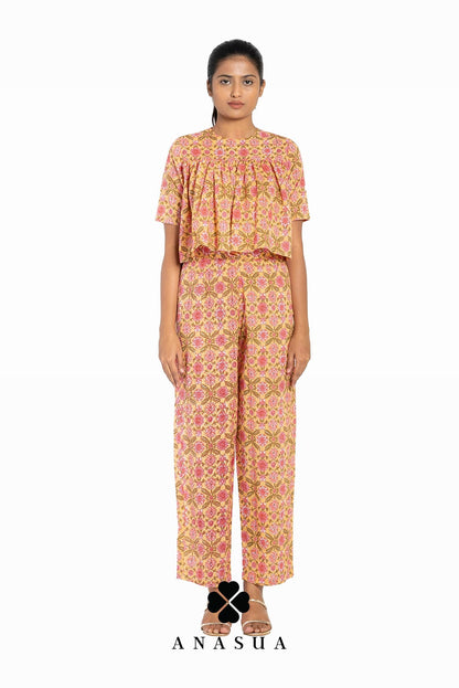 Light Orange Floral Flare Top & Pant Co-Ord Set | Anasua
