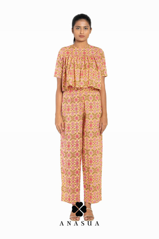 Light Orange Floral Flare Top & Pant Co-Ord Set | Anasua