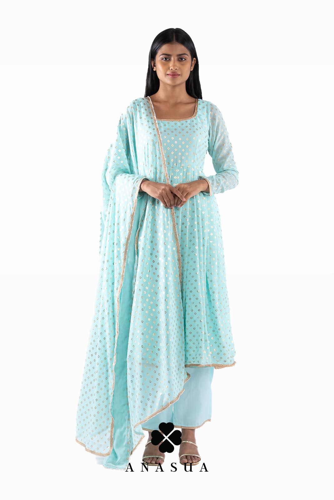 Mint Green Foil Anarkali Suit Set | Anasua