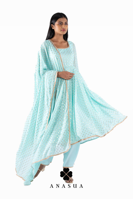 Mint Green Foil Anarkali Suit Set | Anasua