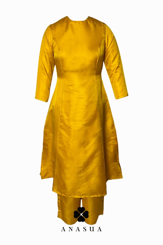 Mustard Yellow Silk A-Line Kurta Set with Rani Pink Banaras Dupatta | Anasua