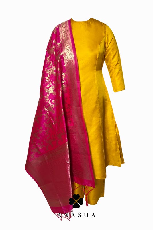 Mustard Yellow Silk A-Line Kurta Set with Rani Pink Banaras Dupatta | Anasua