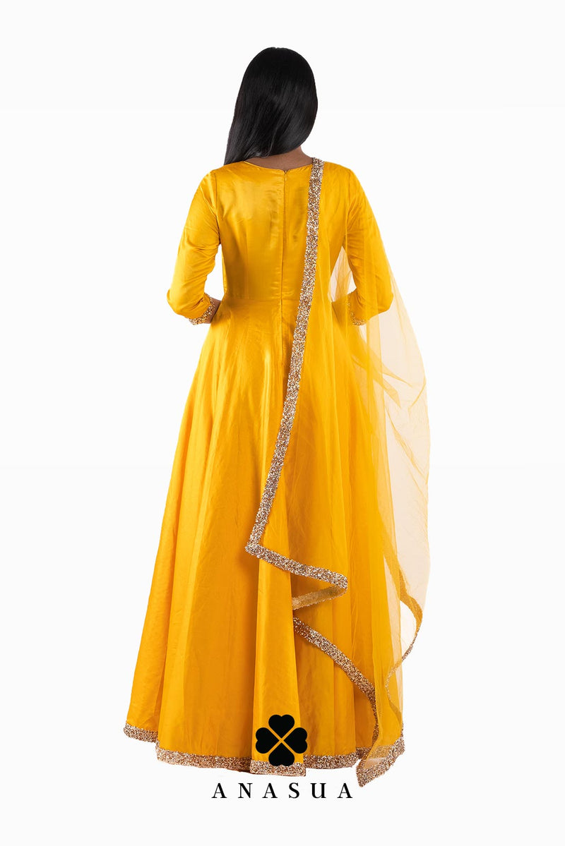 Mustard Yellow Silk Anarkali Dress Set | Anasua