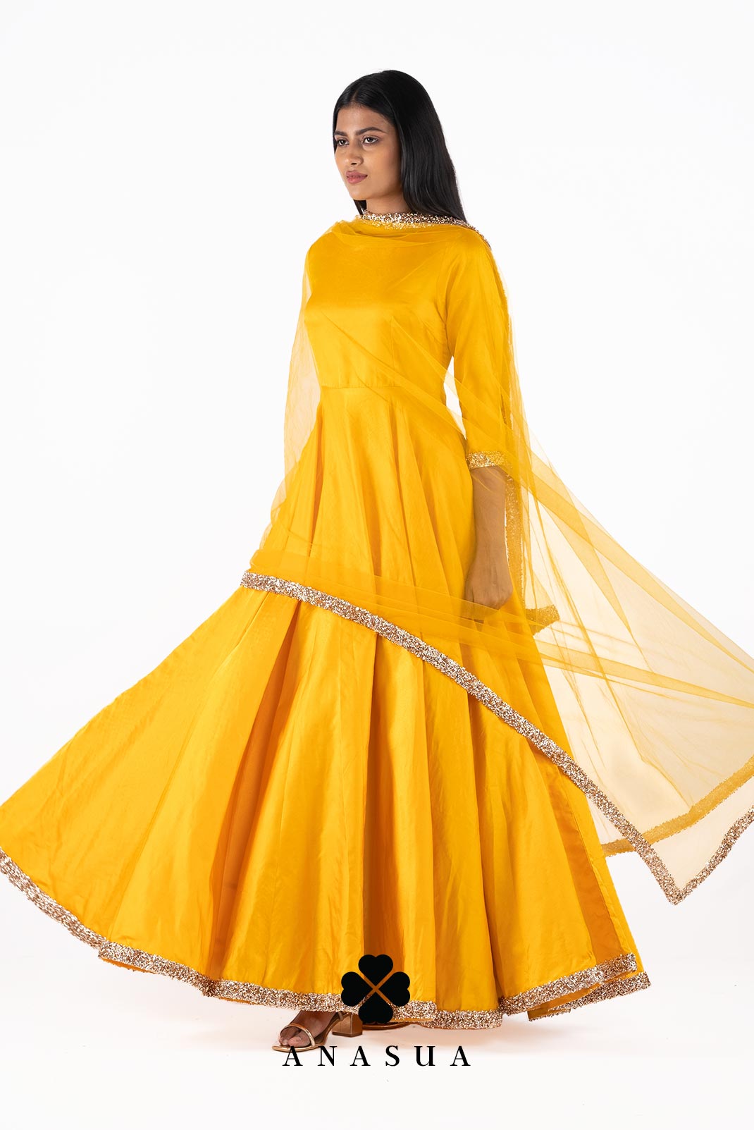 Mustard Yellow Silk Anarkali Dress Set | Anasua