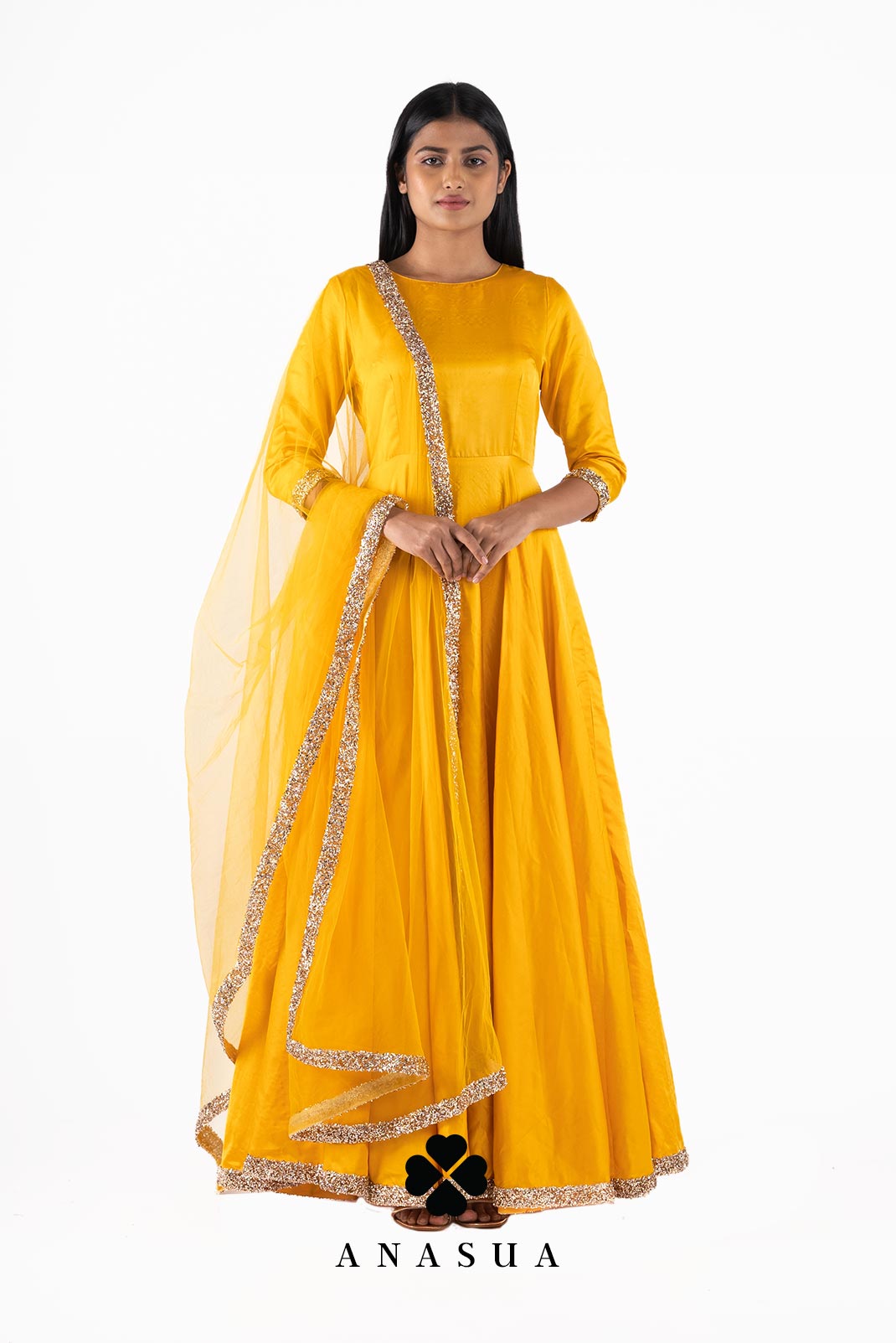 Mustard Yellow Silk Anarkali Dress Set | Anasua