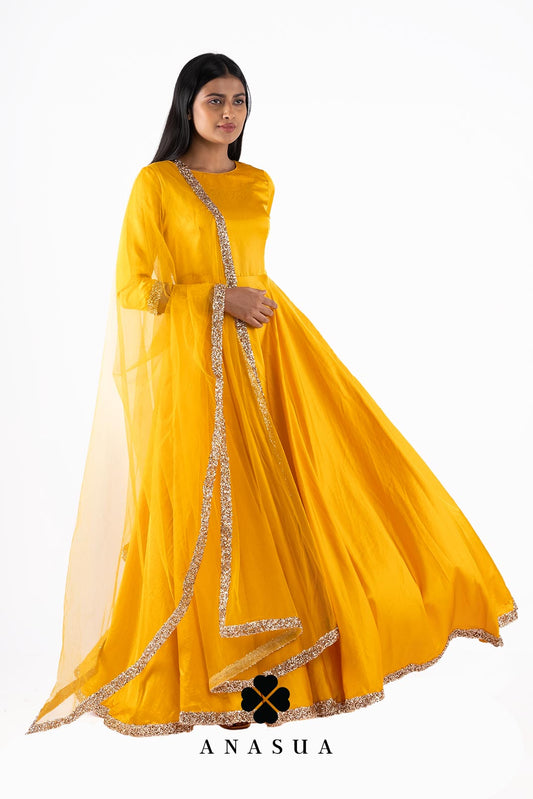 Mustard Yellow Silk Anarkali Dress Set | Anasua