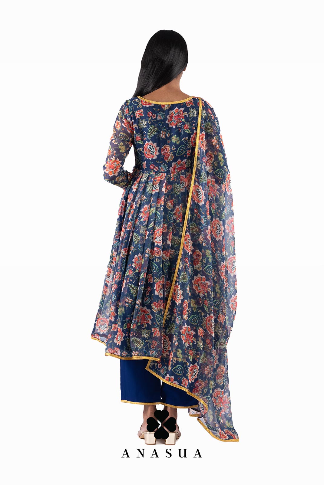 Navy Blue Floral Anarkali Suit Set | Anasua