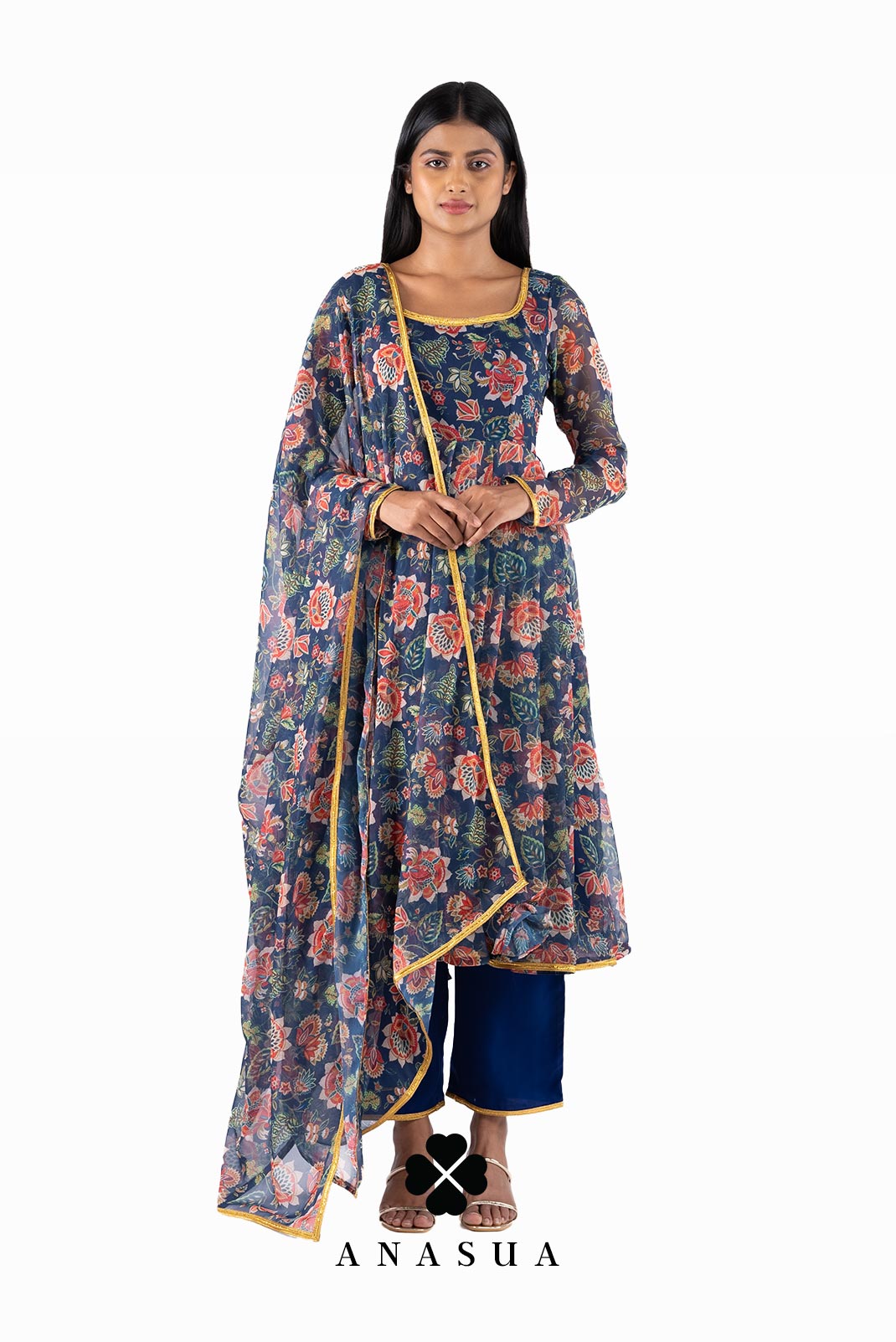 Navy Blue Floral Anarkali Suit Set | Anasua