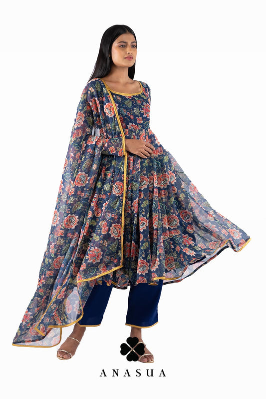 Navy Blue Floral Anarkali Suit Set | Anasua