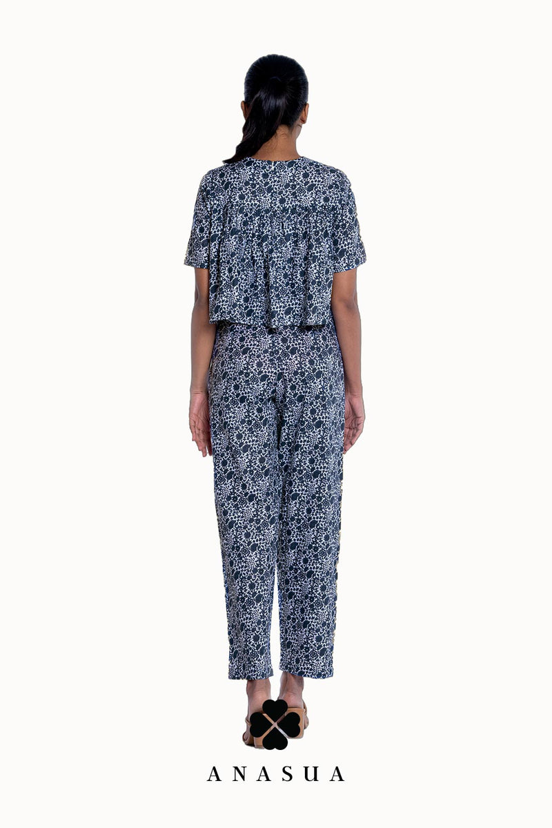 Navy Blue Floral Flare Top & Pant Co-Ord Set | Anasua