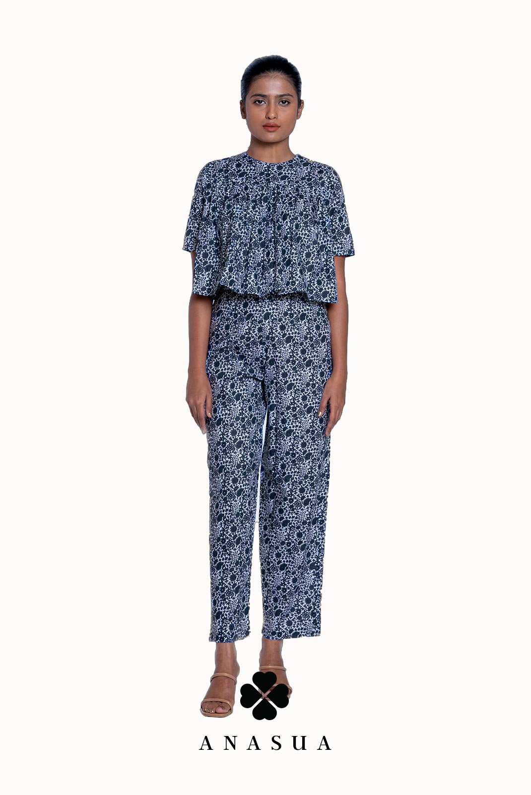 Navy Blue Floral Flare Top & Pant Co-Ord Set | Anasua