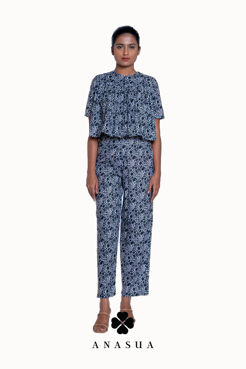 Navy Blue Floral Flare Top & Pant Co-Ord Set | Anasua