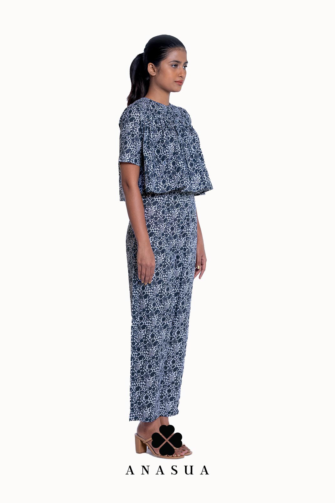 Navy Blue Floral Flare Top & Pant Co-Ord Set | Anasua