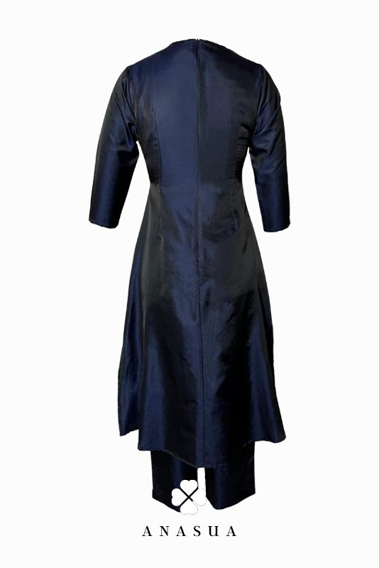 Navy Blue Silk A-Line Kurta Set with White Banaras Dupatta | Anasua