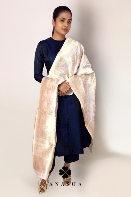 Navy Blue Silk A-Line Kurta Set with White Banaras Dupatta | Anasua