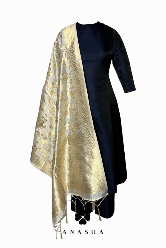 Navy Blue Silk A-Line Kurta Set with White Banaras Dupatta | Anasua