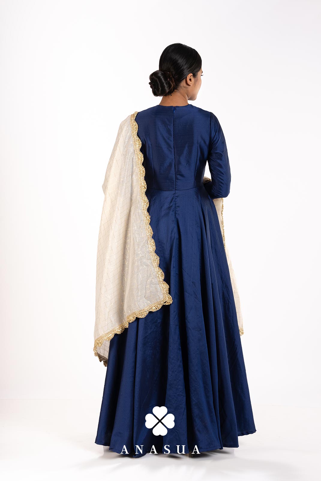 Navy Blue Silk Floor Length Flare Anarkali Set | Anasua