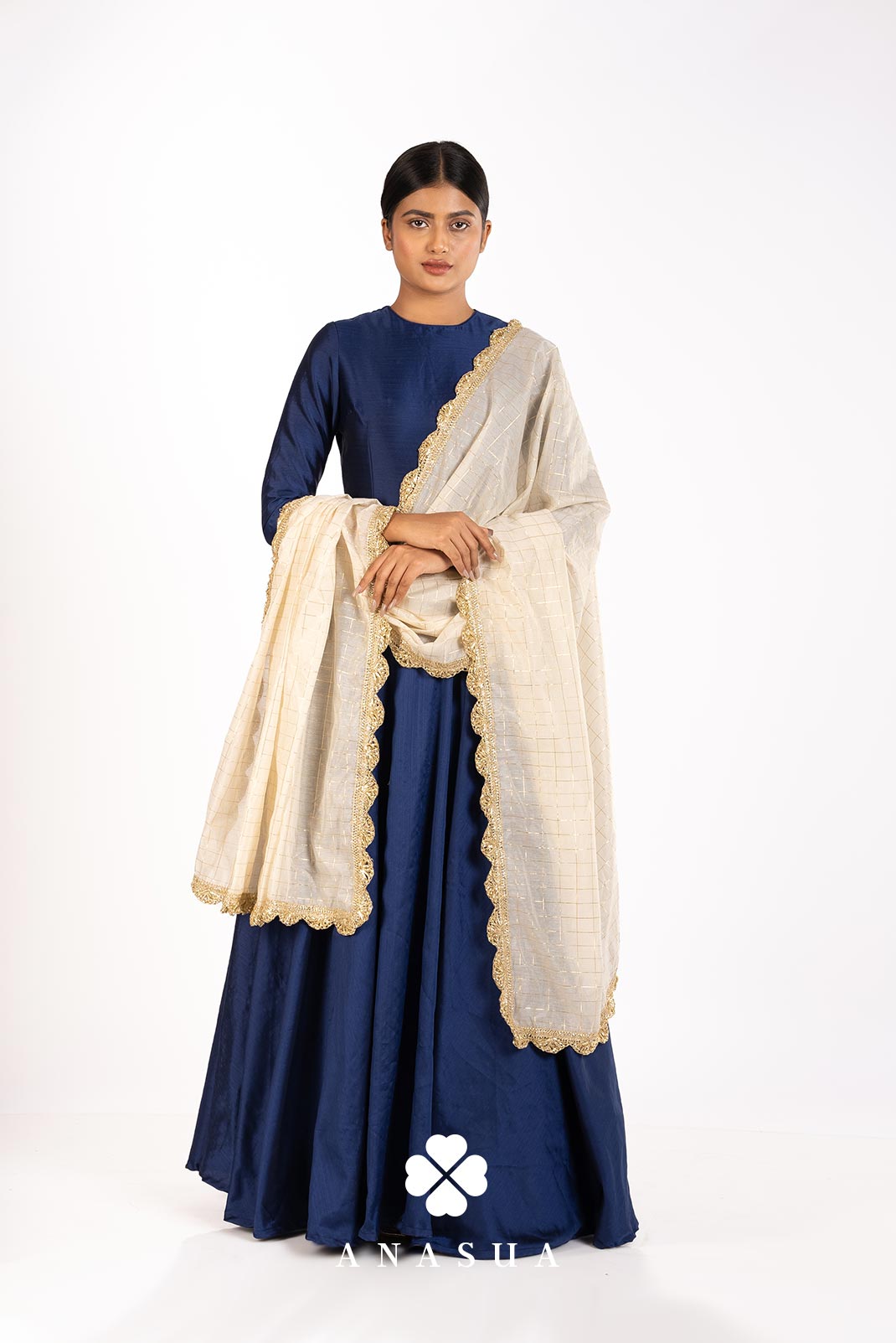 Navy Blue Silk Floor Length Flare Anarkali Set | Anasua