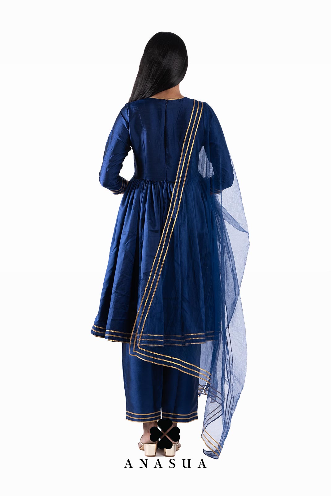 Navy Blue Silk V-Neck Anarkali Kurta Set| Anasua