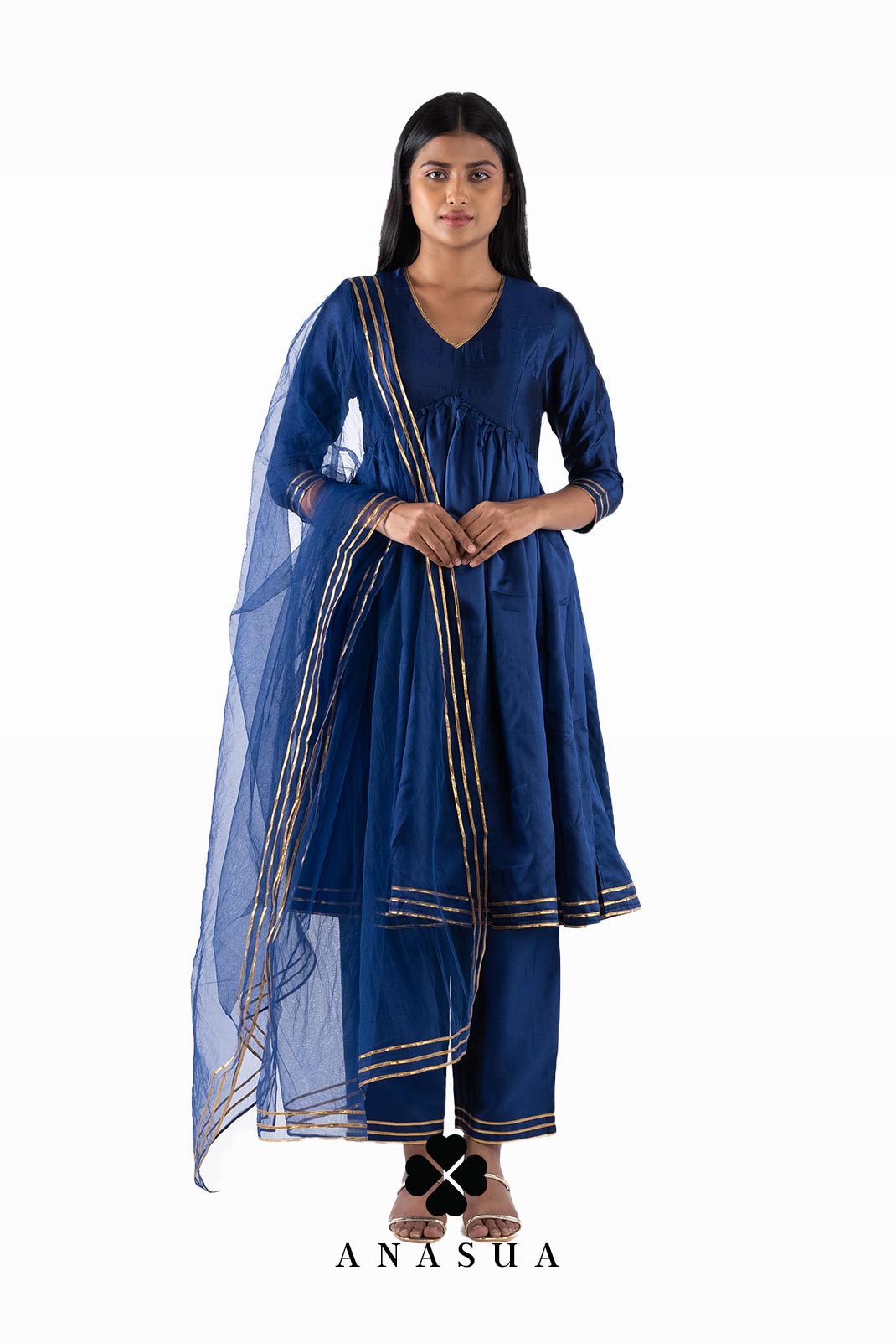 Navy Blue Silk V-Neck Anarkali Kurta Set| Anasua