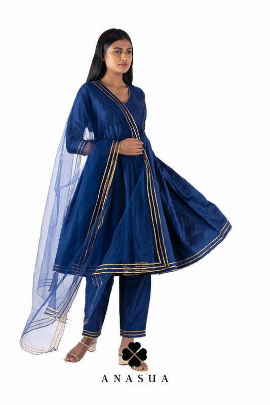 Navy Blue Silk V-Neck Anarkali Kurta Set| Anasua