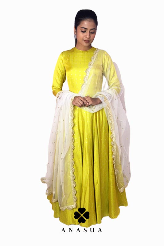 Yellow Green Silk Butti Floor Length Flare Anarkali Set | Anasua