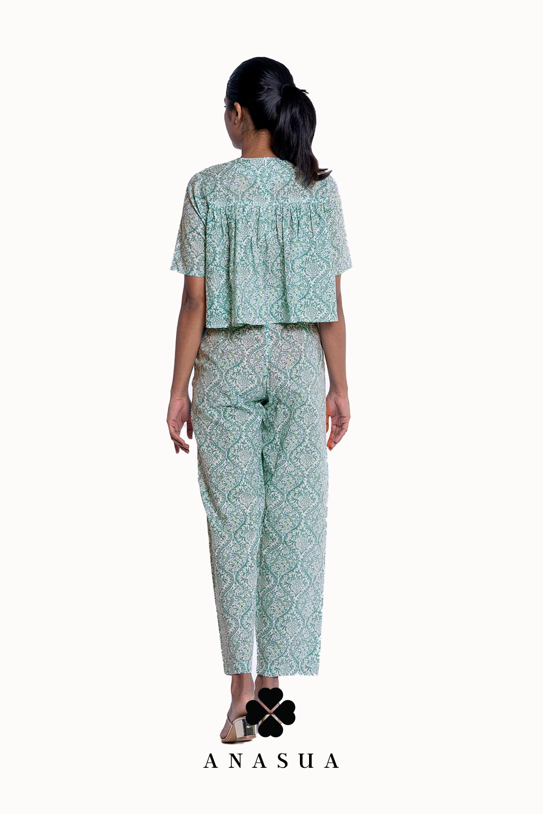 Pastel Green Floral Flare Top & Pant Co-Ord Set | Anasua