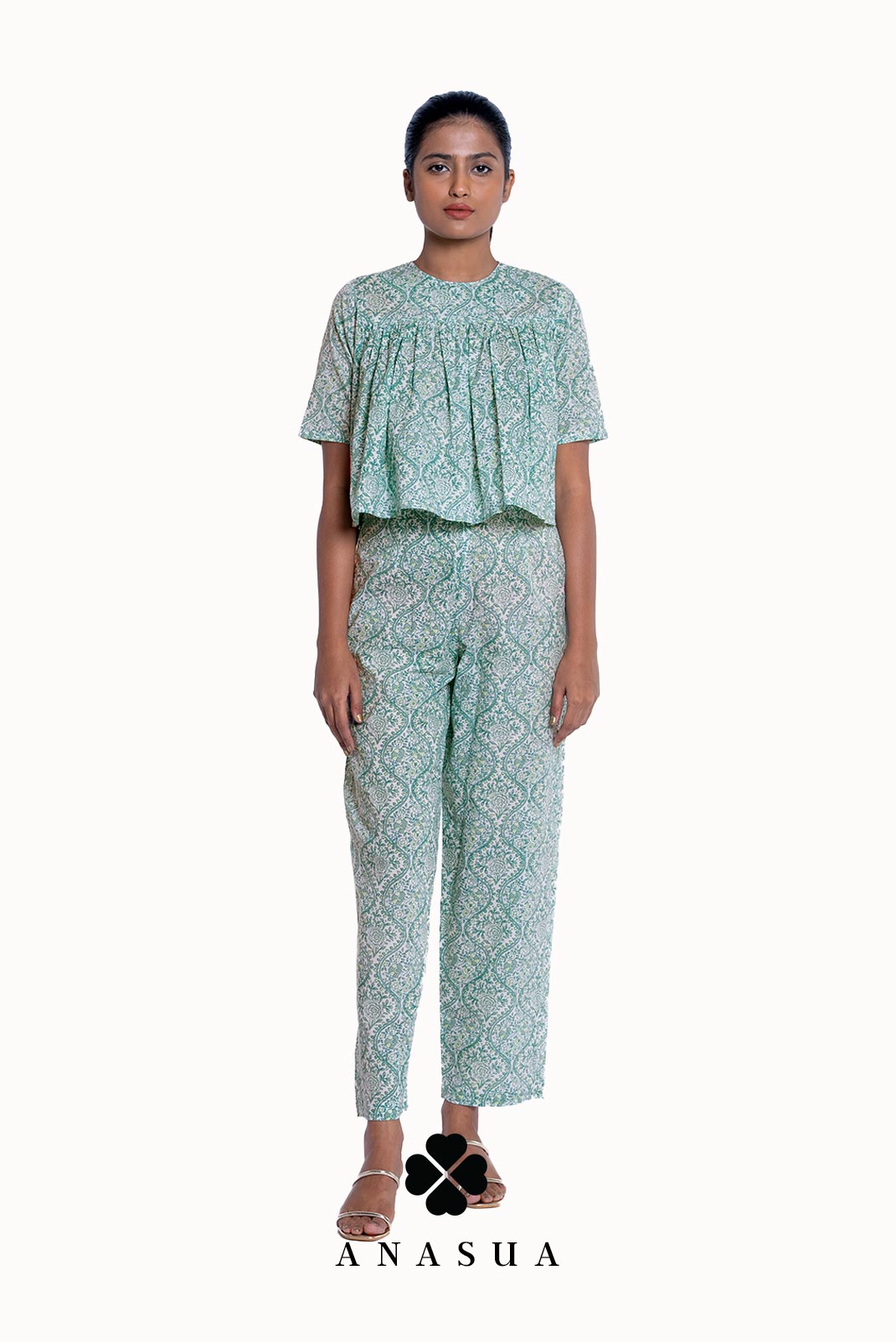 Pastel Green Floral Flare Top & Pant Co-Ord Set | Anasua