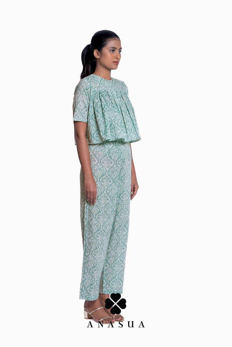 Pastel Green Floral Flare Top & Pant Co-Ord Set | Anasua