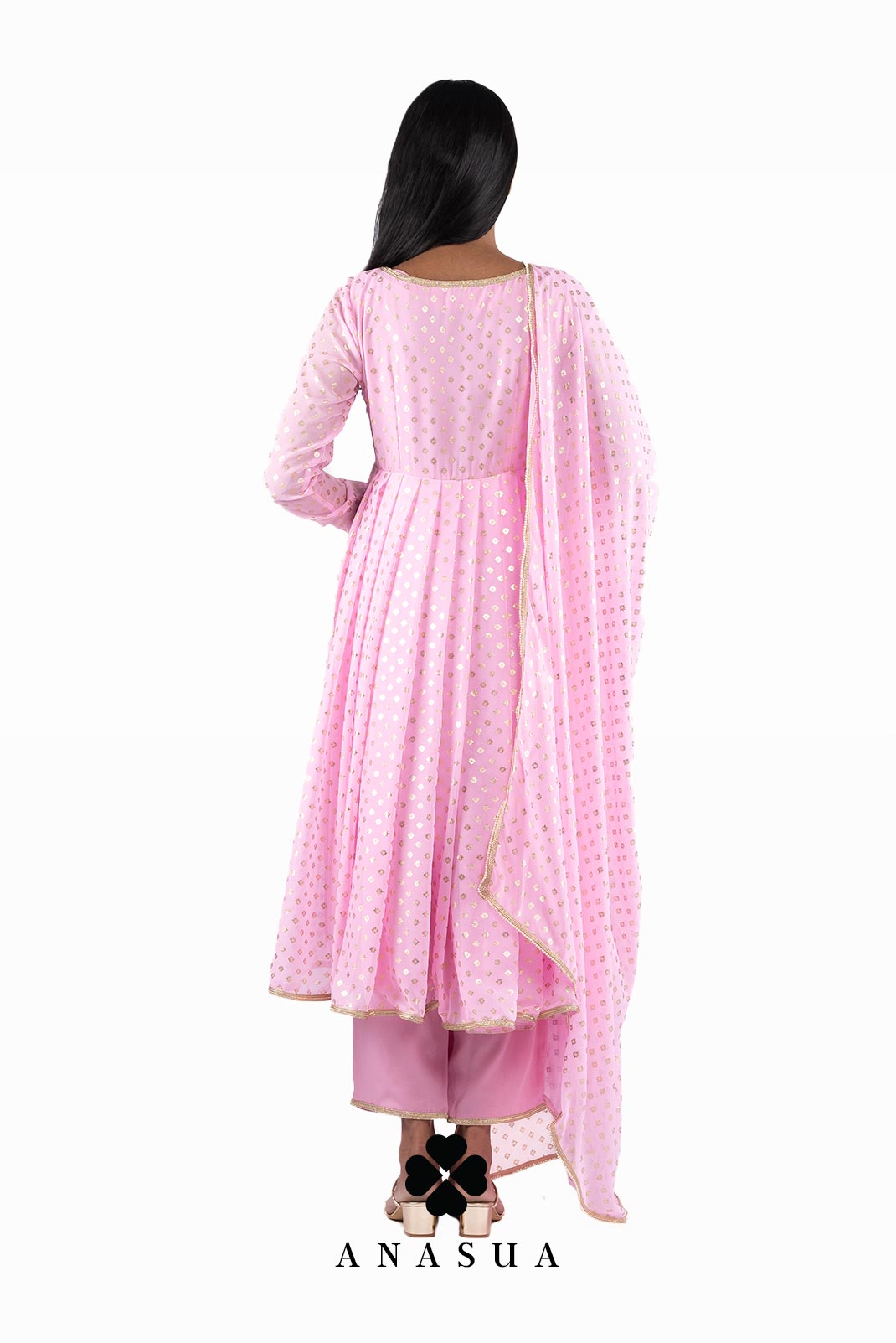 Pastel Pink Foil Anarkali Suit Set | Anasua