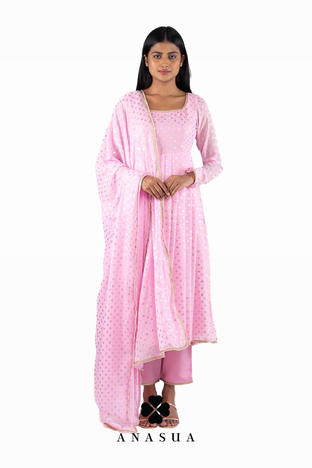 Pastel Pink Foil Anarkali Suit Set | Anasua