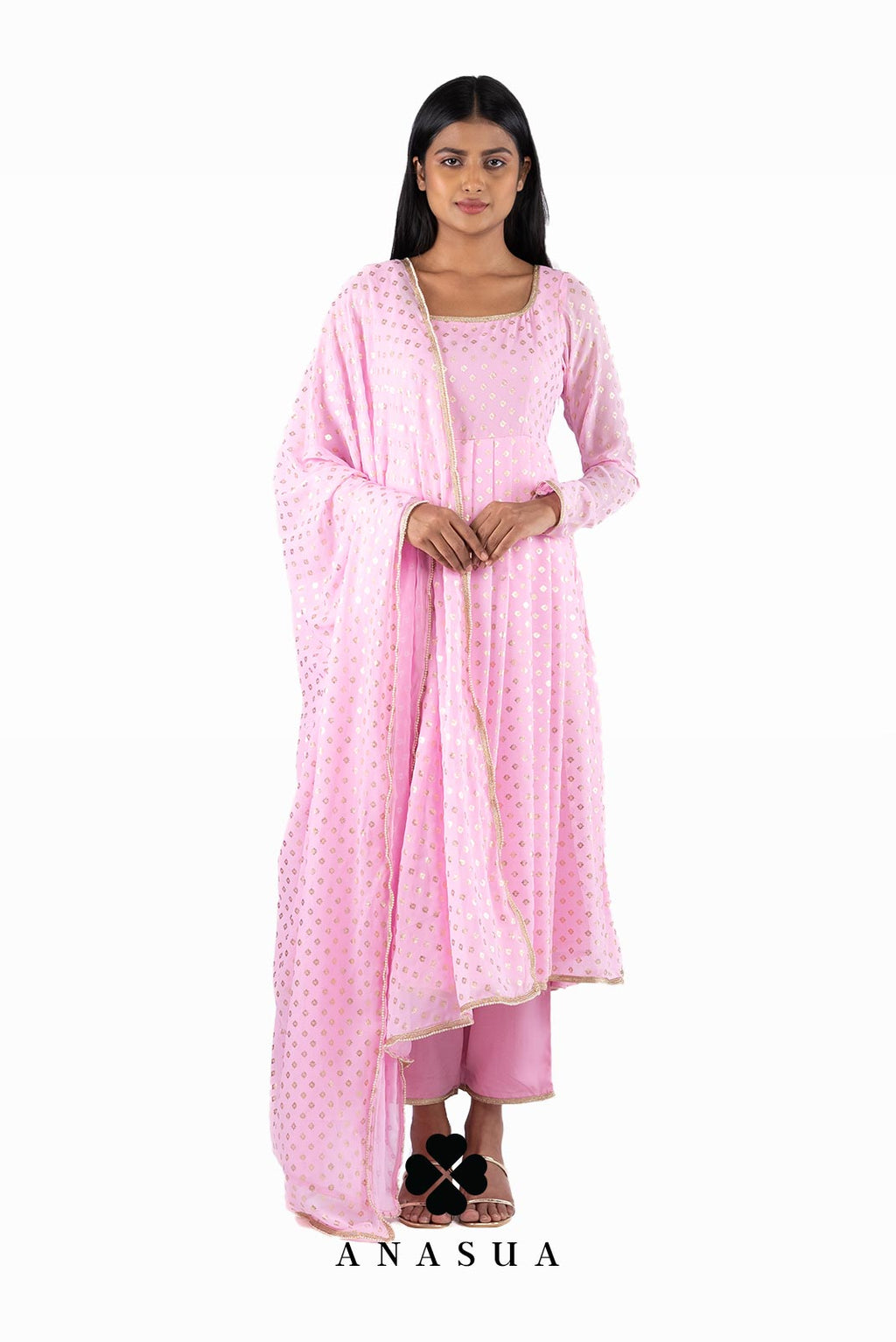 Pastel Pink Foil Anarkali Suit Set | Anasua