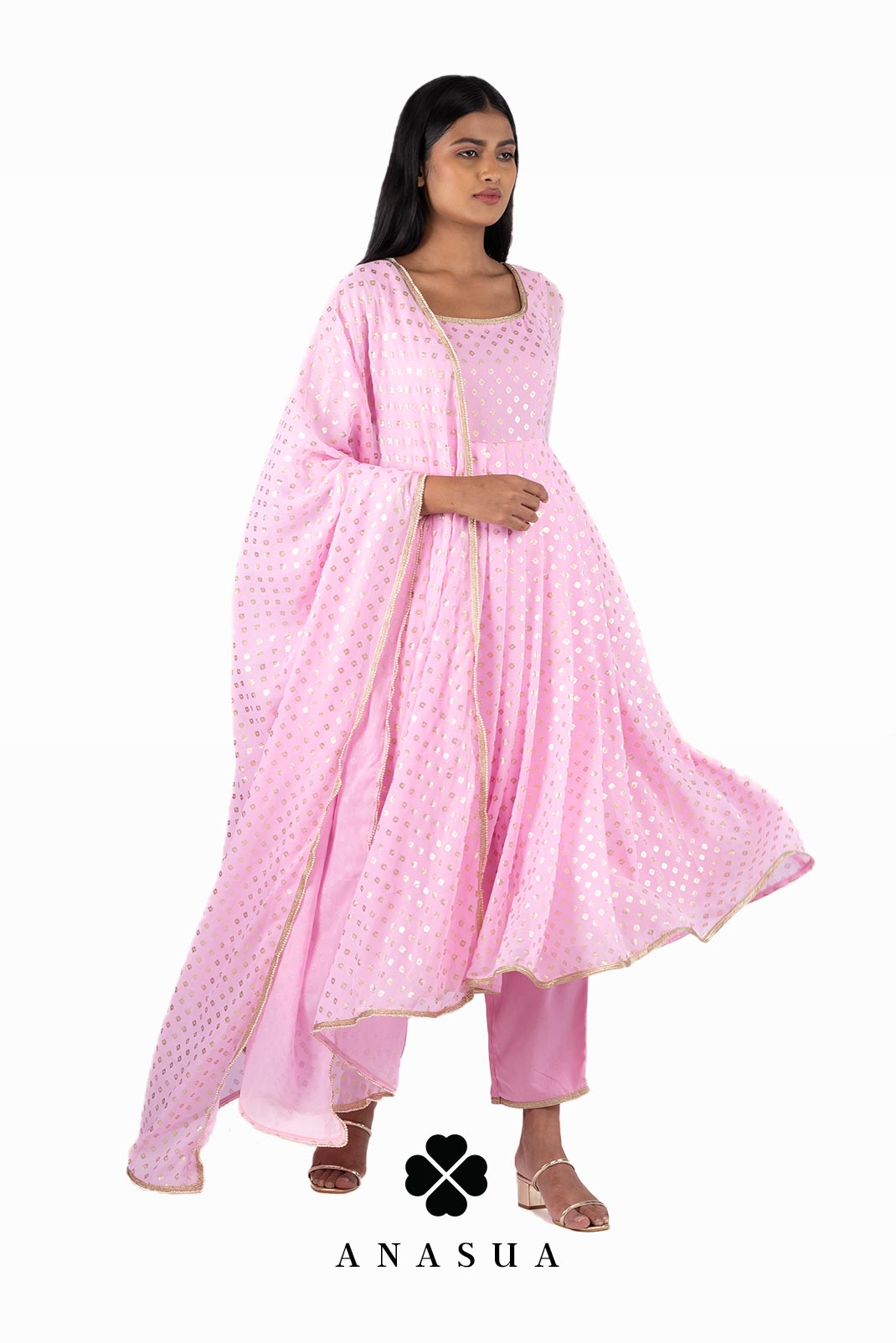 Pastel Pink Foil Anarkali Suit Set | Anasua