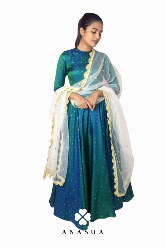 Peacock Green Silk Butti Floor Length Flare Anarkali Set | Anasua